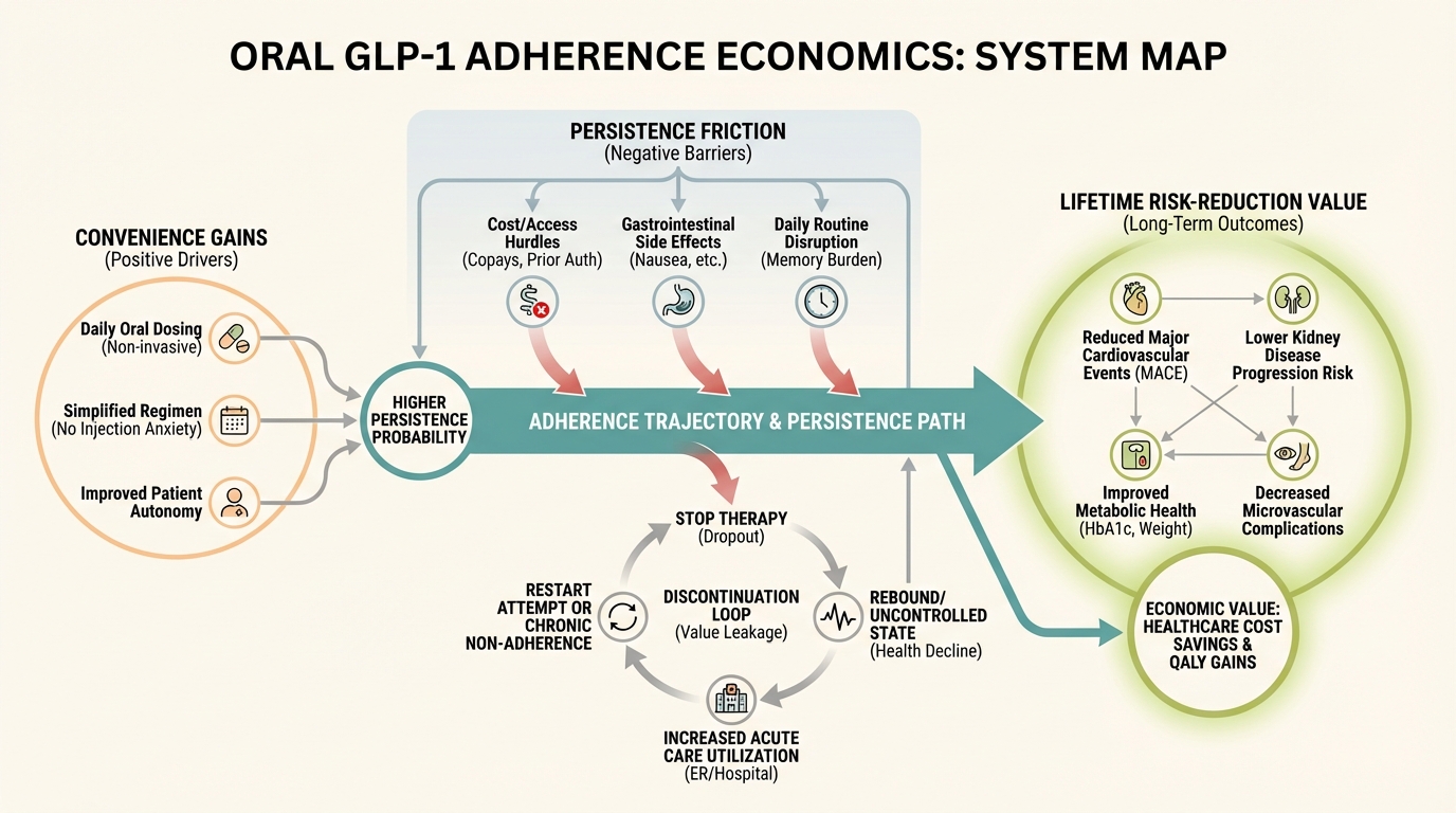 Adherence economics map comparing oral and injectable GLP-1 pathways and discontinuation risk