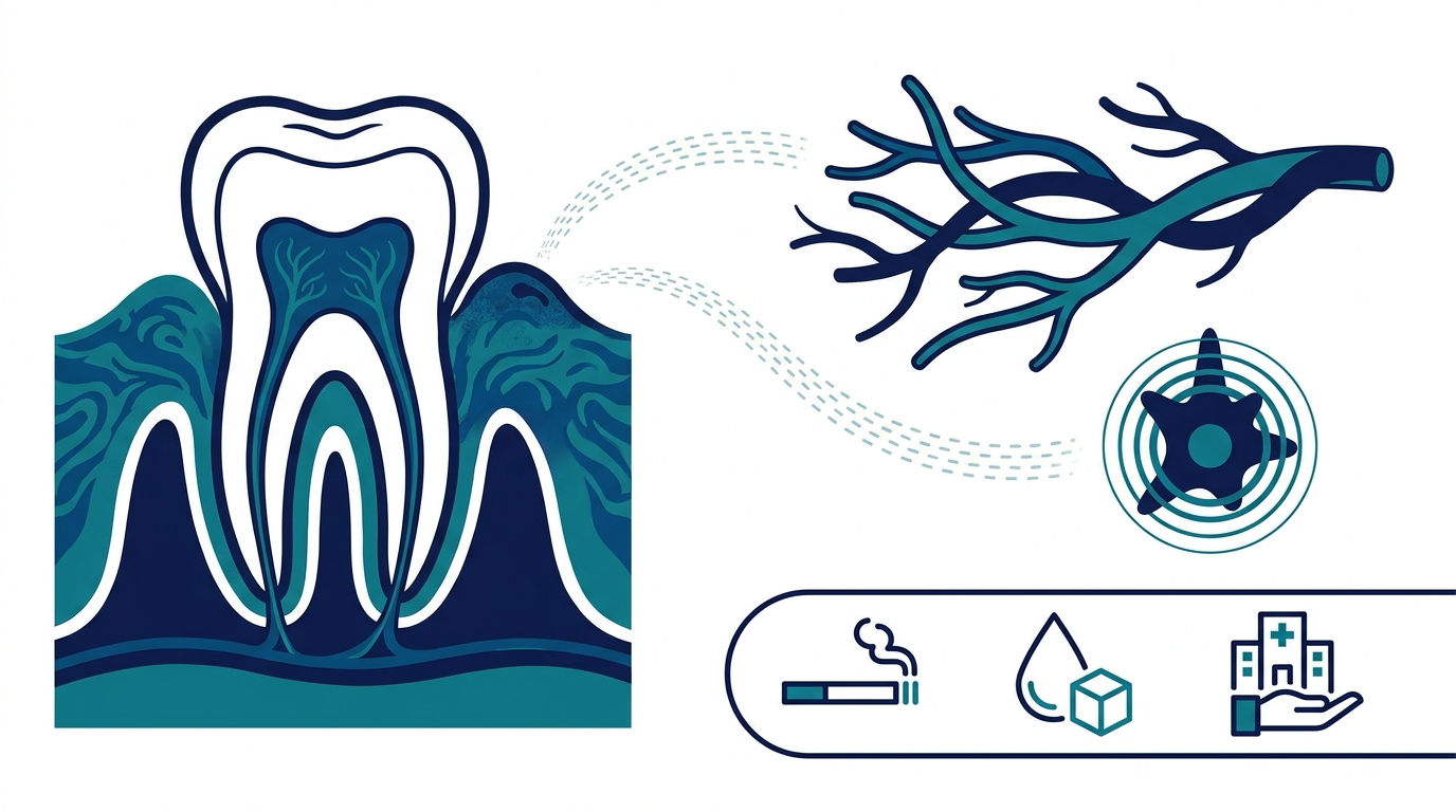 Conceptual map of periodontal inflammation, possible systemic pathways, and shared risk factors