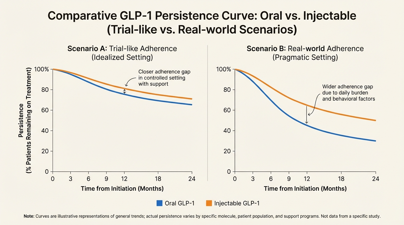 Persistence curves comparing oral and injectable GLP-1 under trial and real-world assumptions.