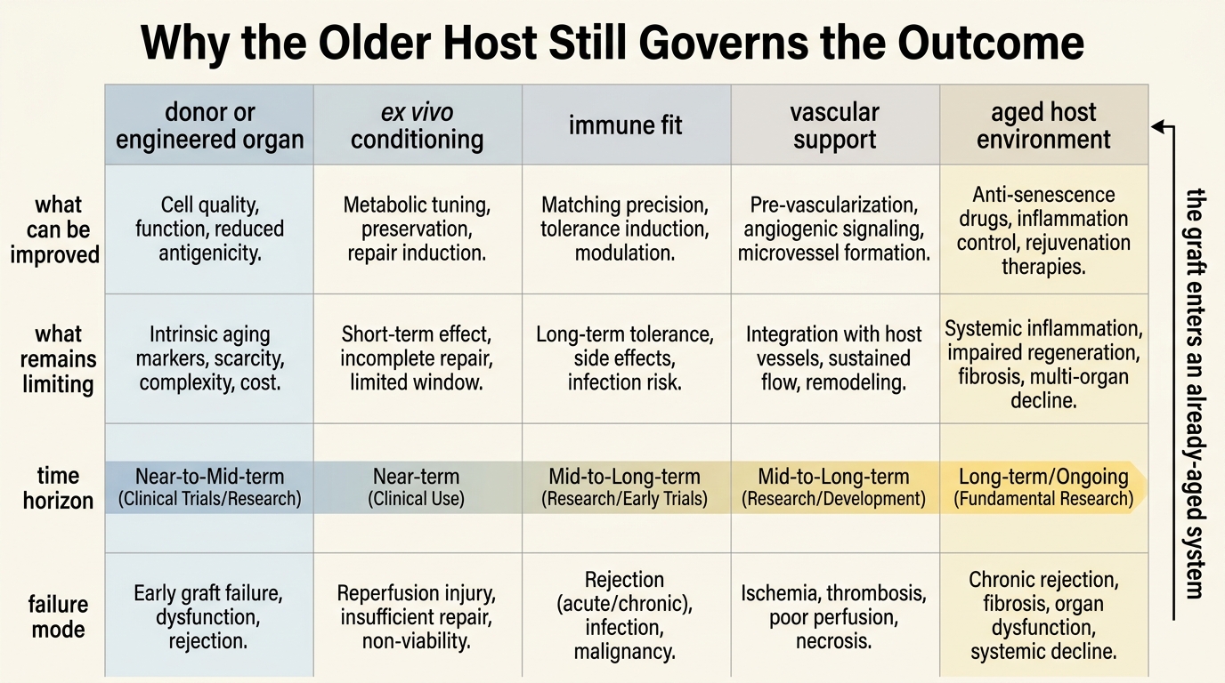 Comparison grid showing how donor organ quality, ex vivo conditioning, immune fit, vasculature, and aged-host environment influence the final durability of organ repair.