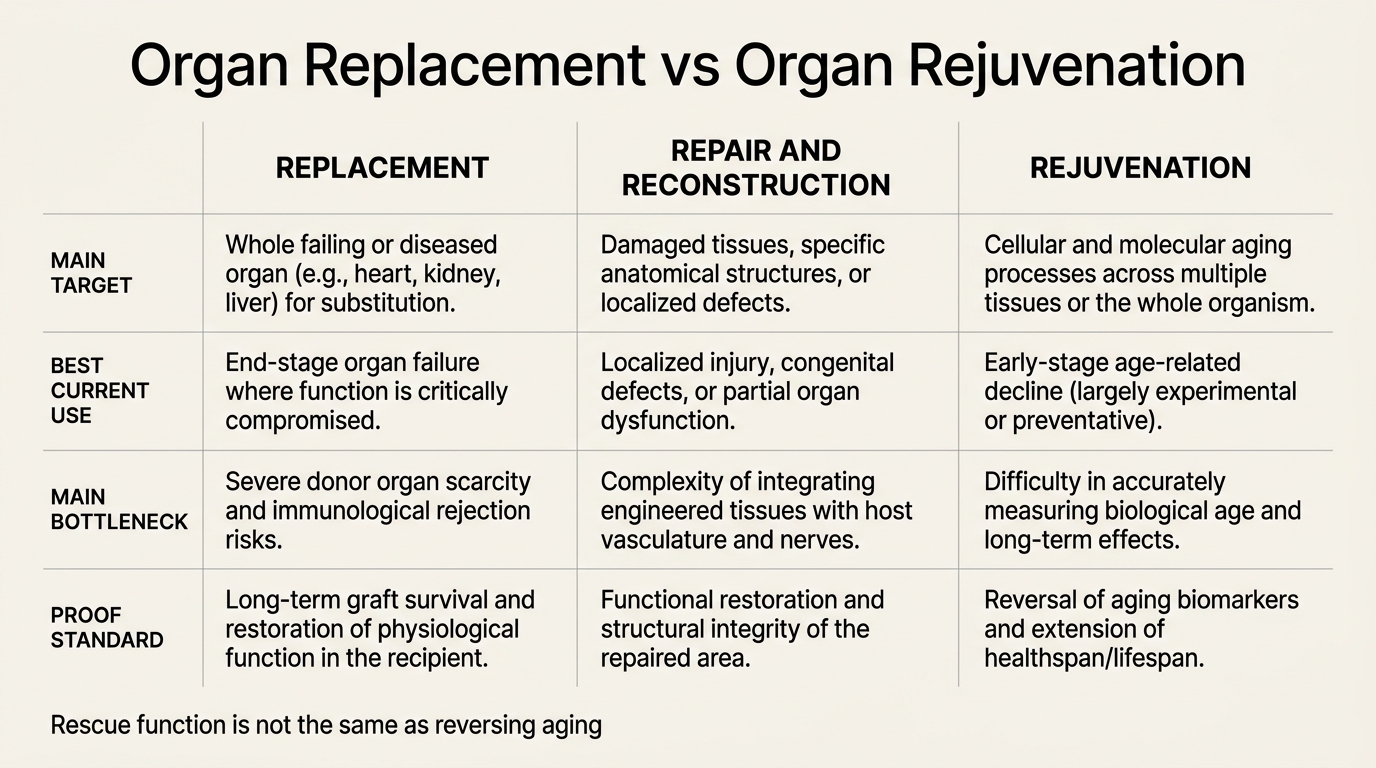 A 2026 LifeMeter analysis of where organ replacement already works, where organ rejuvenation still faces older-host biology, and why those are not interchangeable longevity strategies.