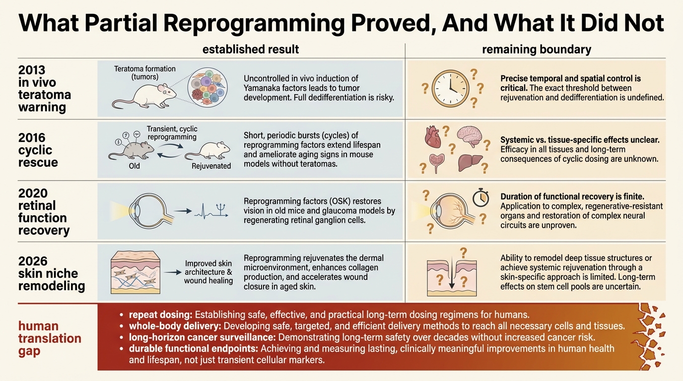 Layered evidence map showing the 2013 danger signal, 2016 cyclic rescue, 2020 retinal OSK function, and 2026 skin niche remodeling results for partial reprogramming.