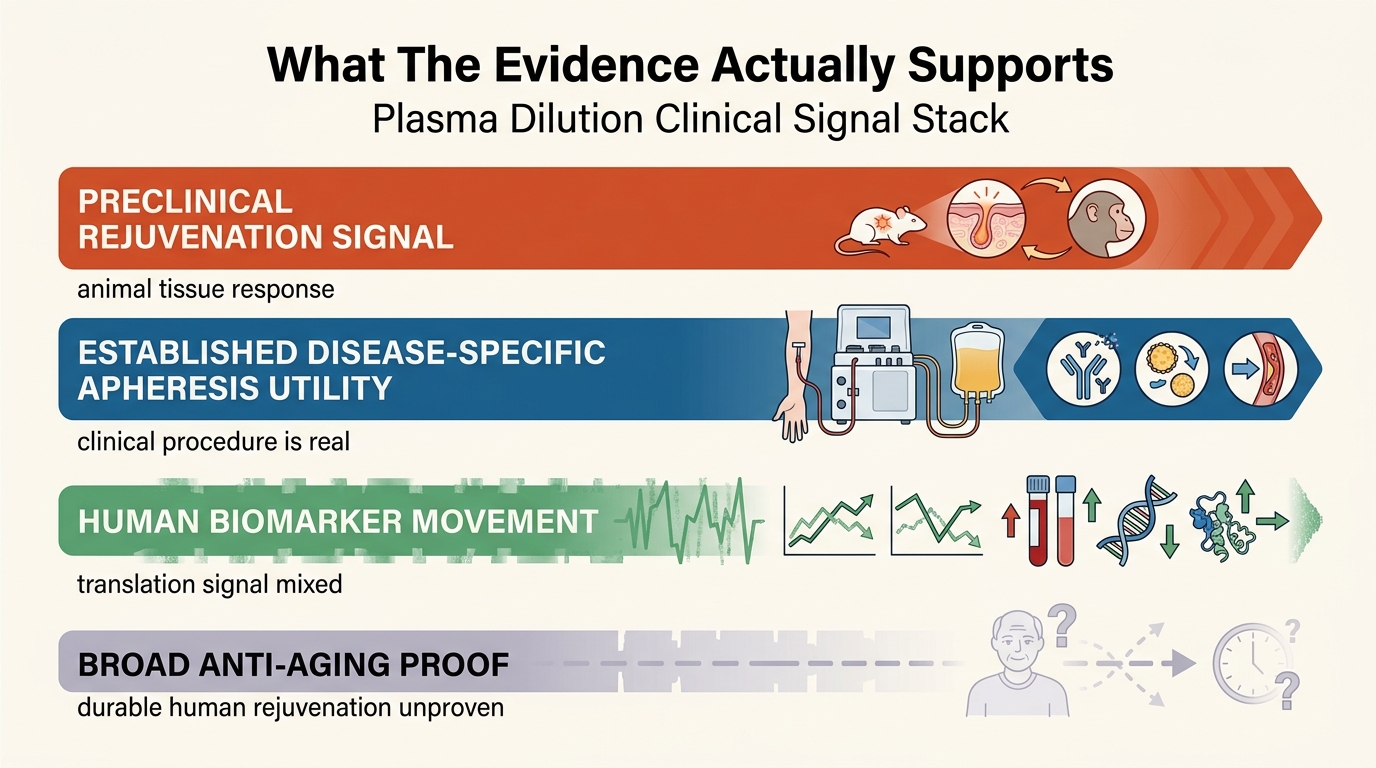 Signal stack separating preclinical rejuvenation signal, disease-specific clinical utility, biomarker shifts, and still-missing long-horizon human aging outcomes.