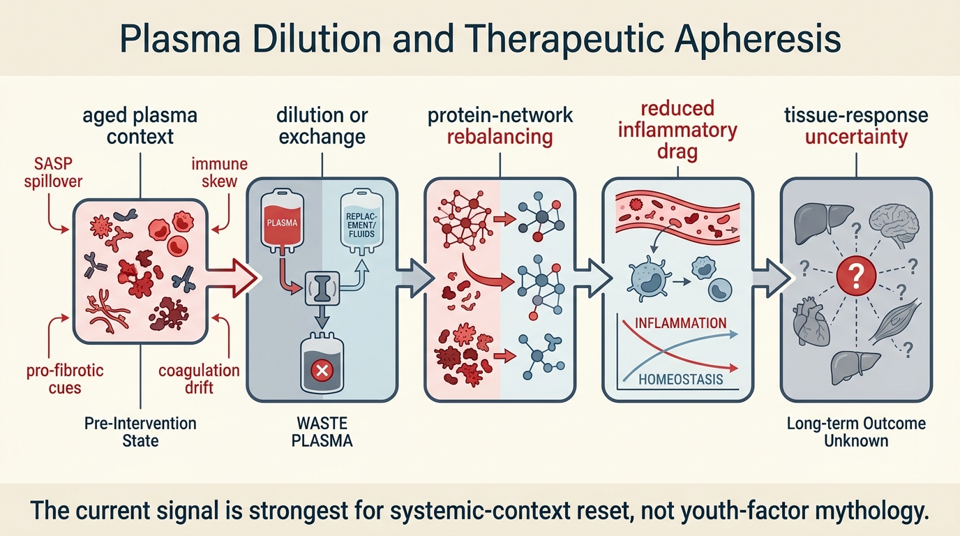 Systems map showing aged plasma context, dilution or exchange, protein-network rebalancing, reduced inflammatory drag, and unresolved tissue-response variability.