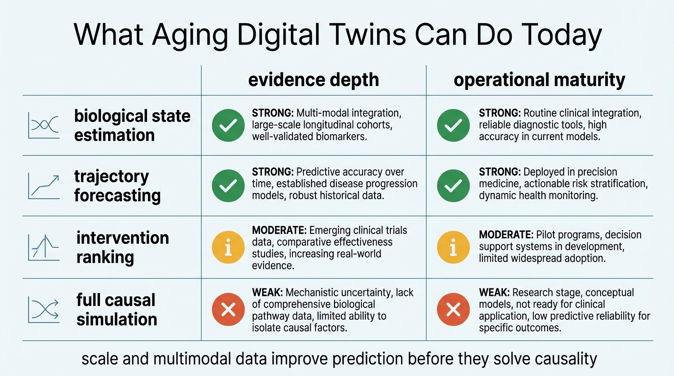 Readiness grid comparing current aging digital twin use cases such as state estimation, risk stratification, intervention ranking, and causal simulation by evidence depth and operational maturity.