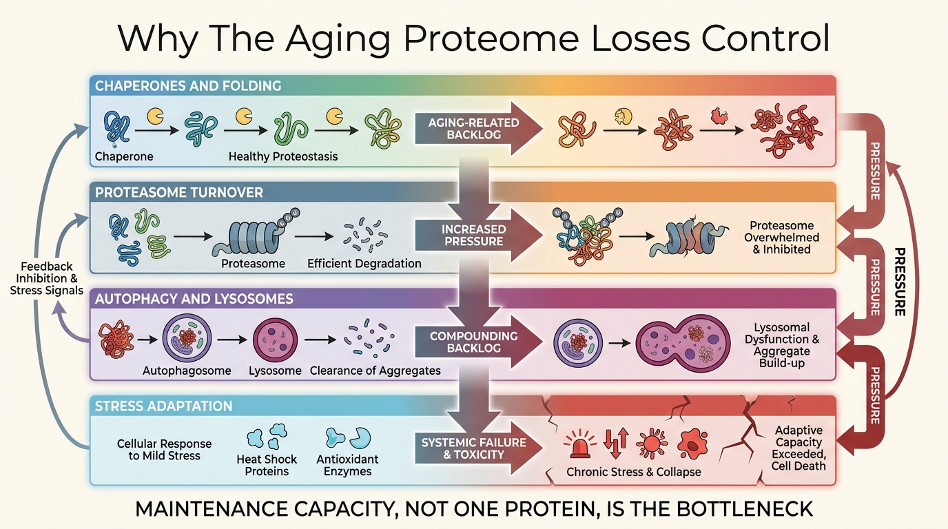 A 2026 LifeMeter analysis of why protein quality control fails with age, how that backlog spreads across tissues, and why proteostasis is best read as a maintenance bottleneck.