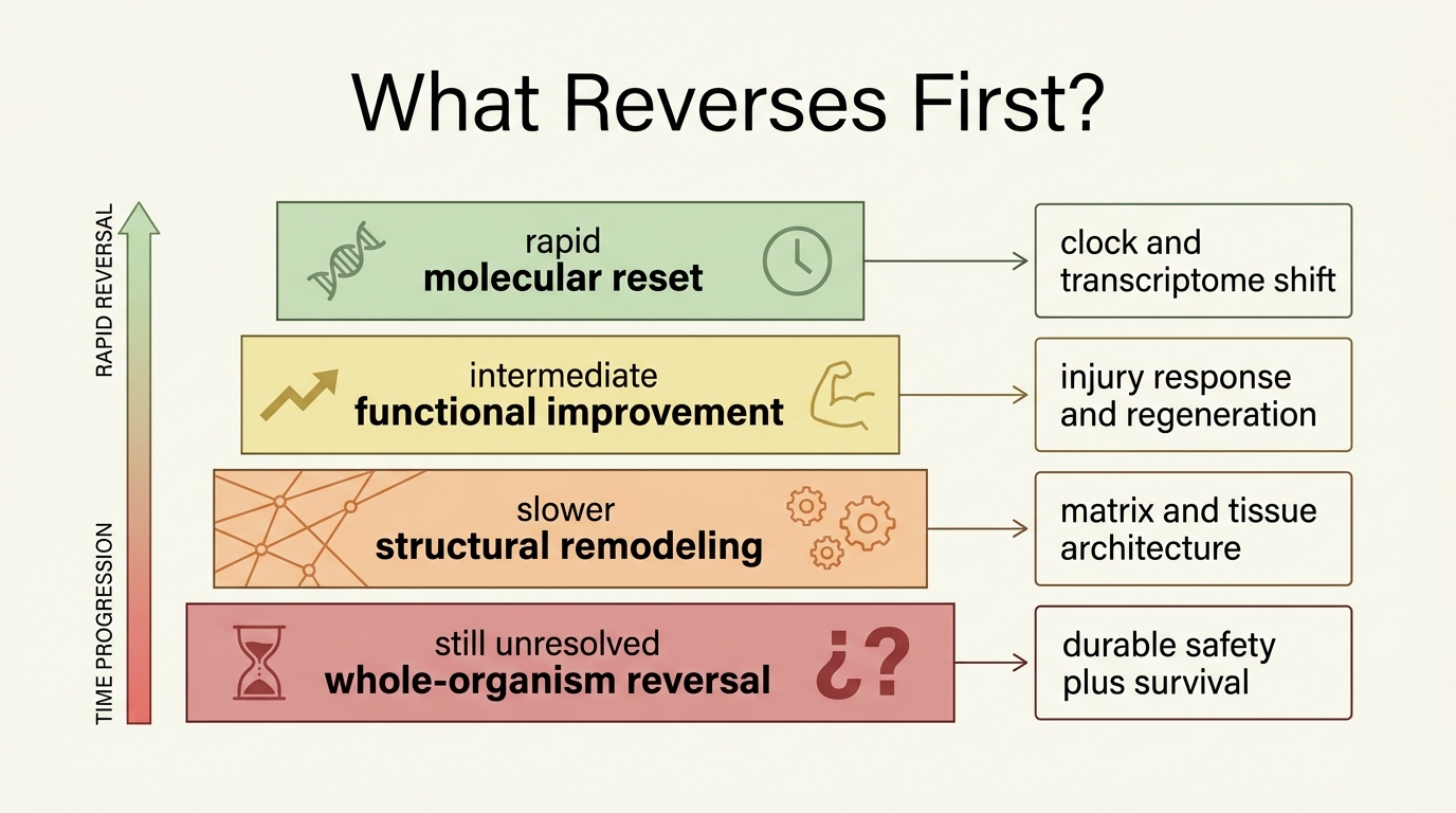 Editorial evidence stack comparing rapid molecular reset, intermediate functional improvement, slower structural remodeling, and the still-unresolved question of durable whole-organism age reversal.