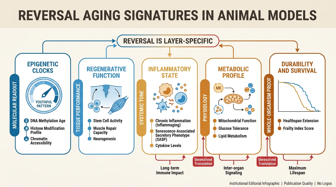 Editorial systems map separating reversible aging signatures into clocks, regenerative function, systemic state, and durability outcomes.