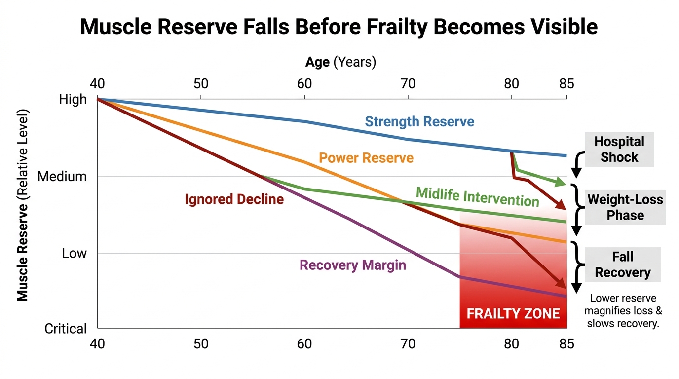 Editorial chart showing the decline in muscle reserve, mobility margin, and recovery capacity from midlife into frailty when strength loss is ignored.