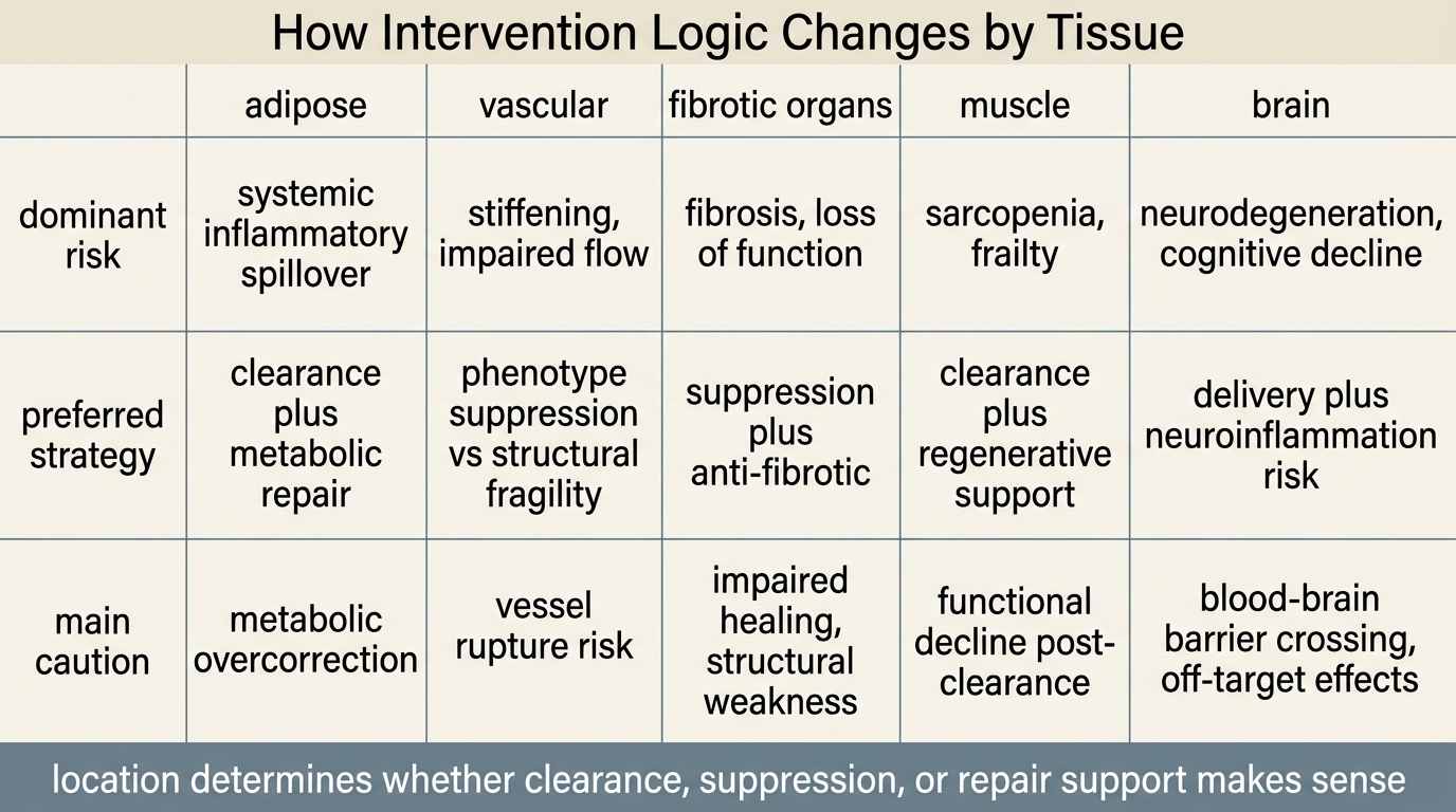 Decision grid comparing adipose, vascular, fibrotic organ, muscle, and brain senescence by dominant risk, spillover pattern, and likely intervention logic.