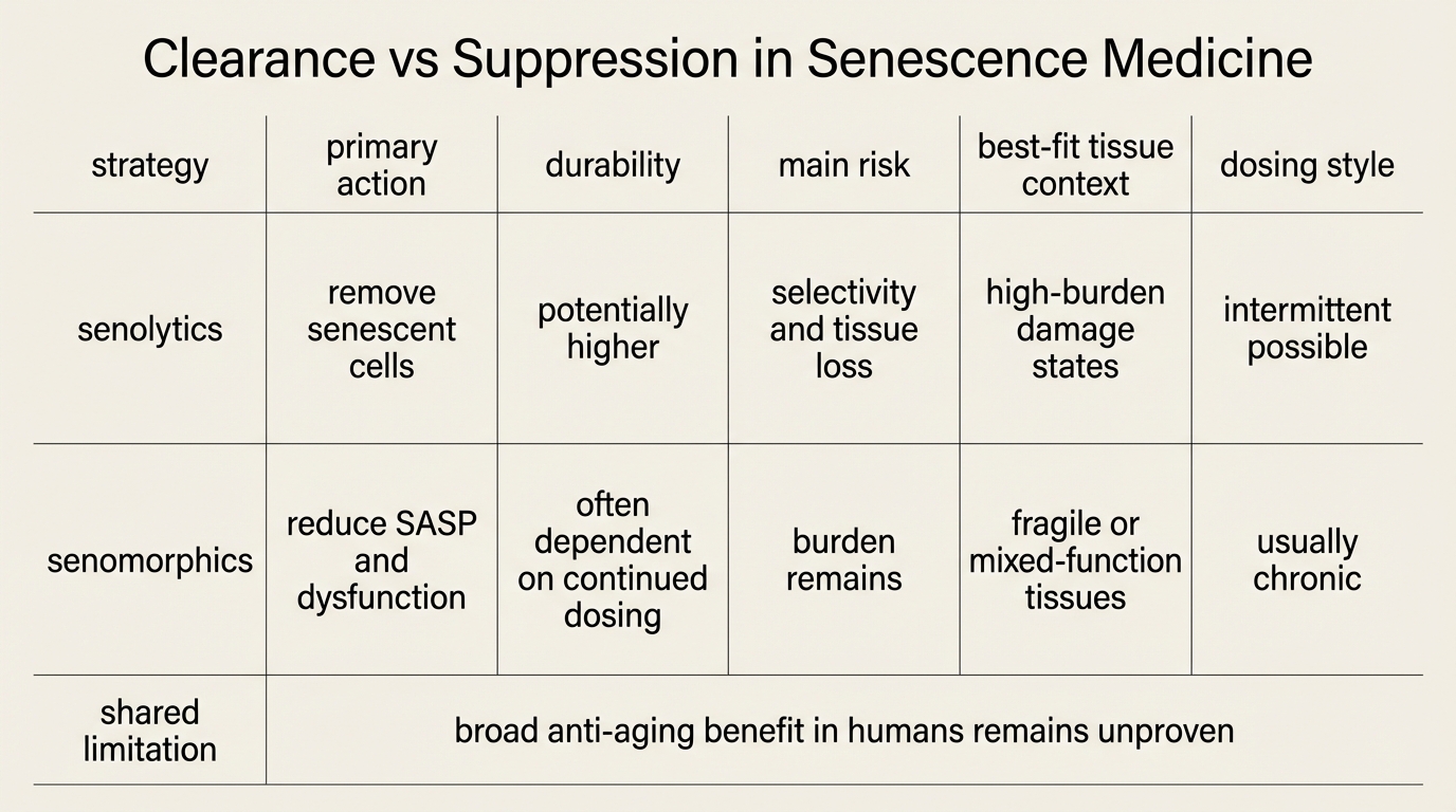 Tradeoff matrix comparing senolytics and senomorphics across burden reduction, durability, selectivity risk, tissue fragility, dosing style, and trial-readiness.