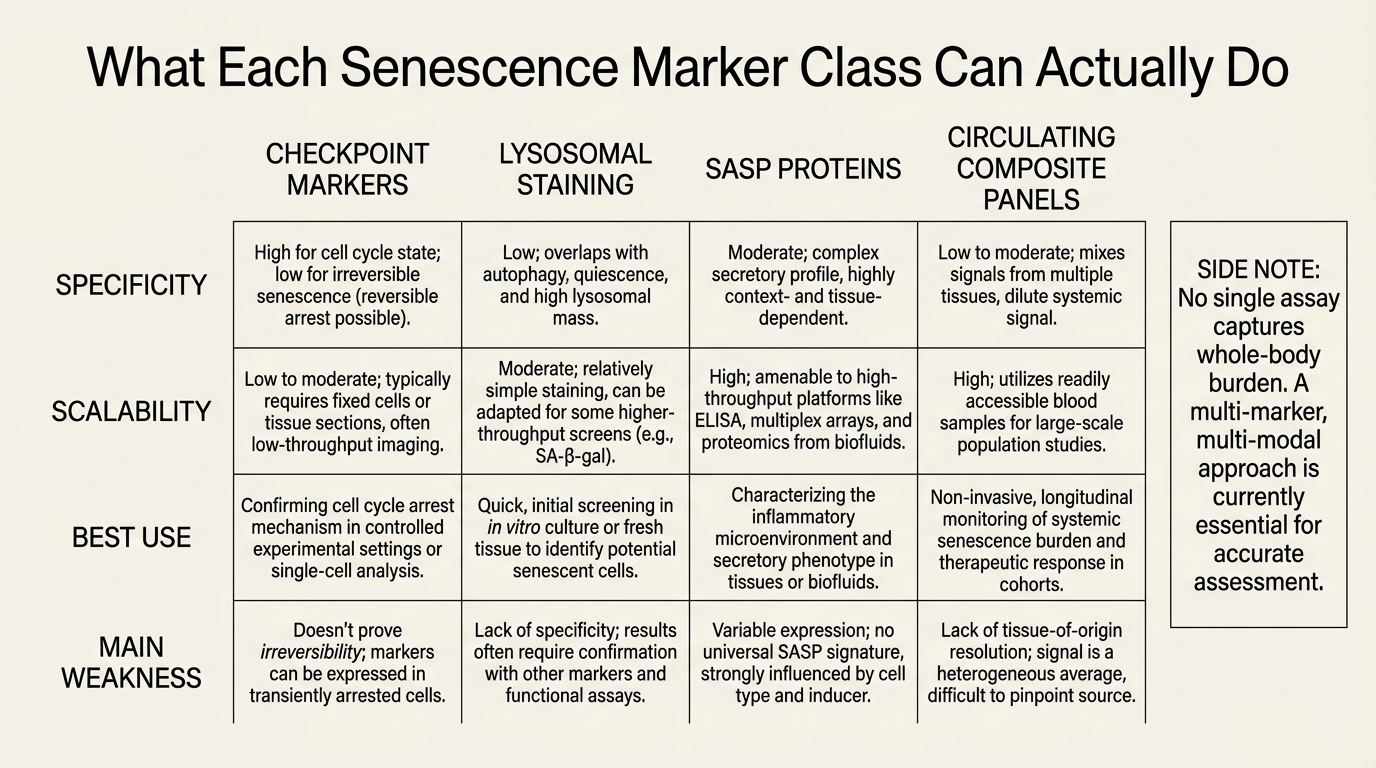 Editorial matrix comparing senescence biomarker classes across tissue specificity, scalability, and clinical readiness.