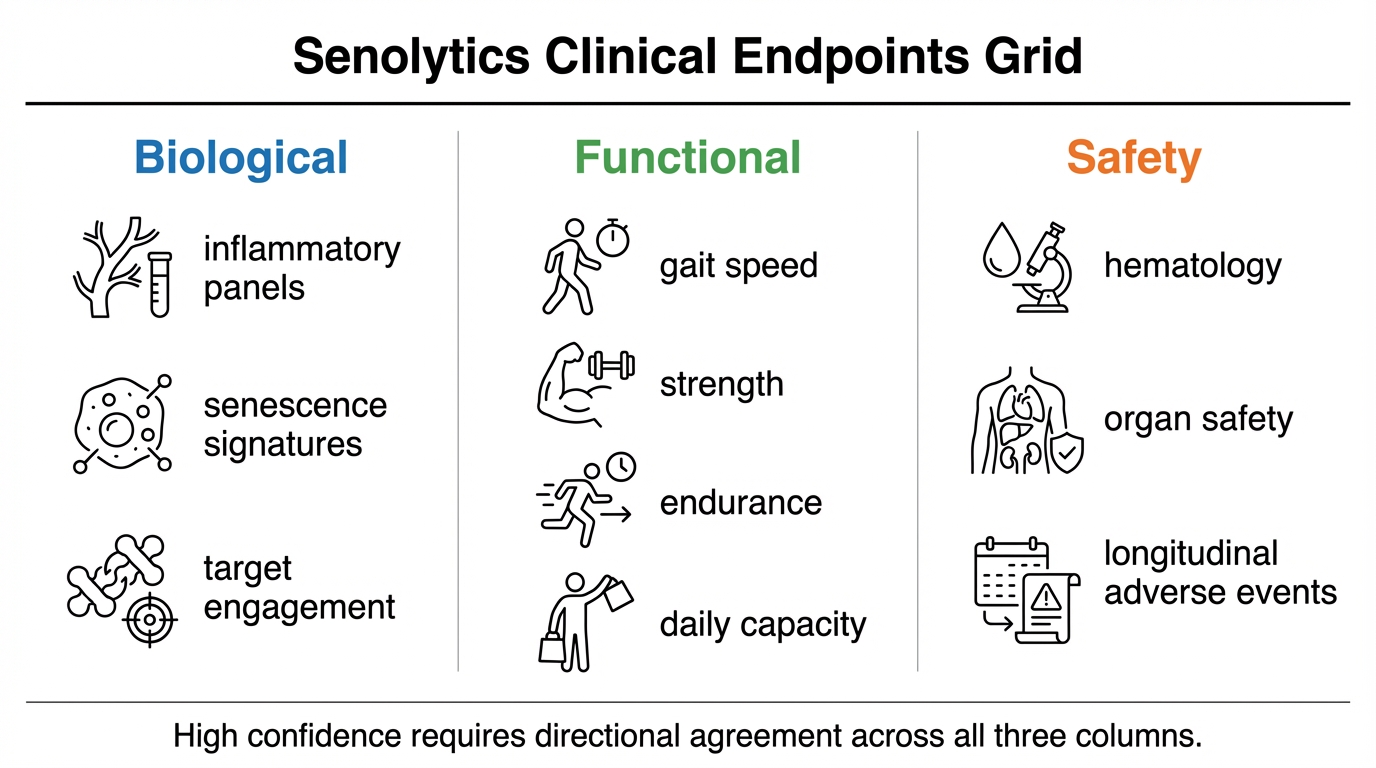 Clinical gate map for senolytics showing target engagement, tissue specificity, functional endpoints, safety, durability, and replication.