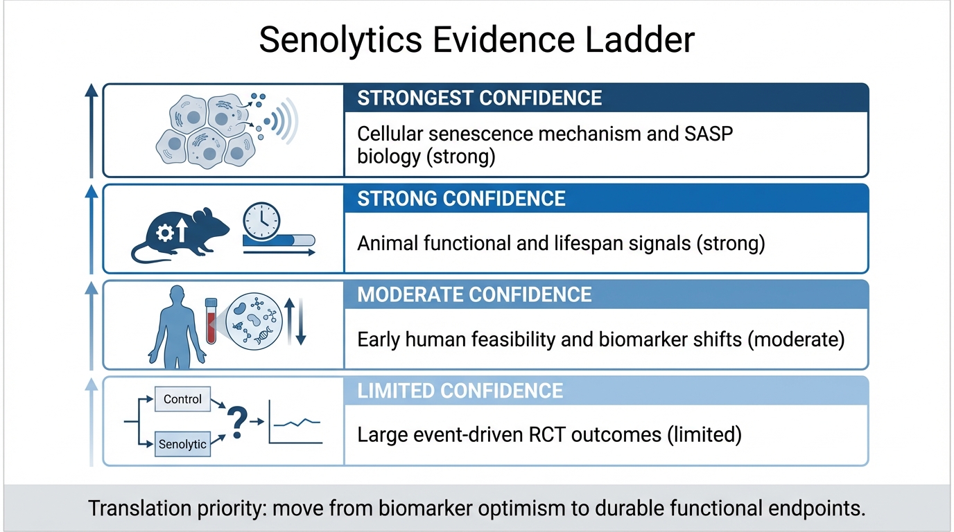 Evidence ladder for senolytics from mechanism and animal data to early human trials