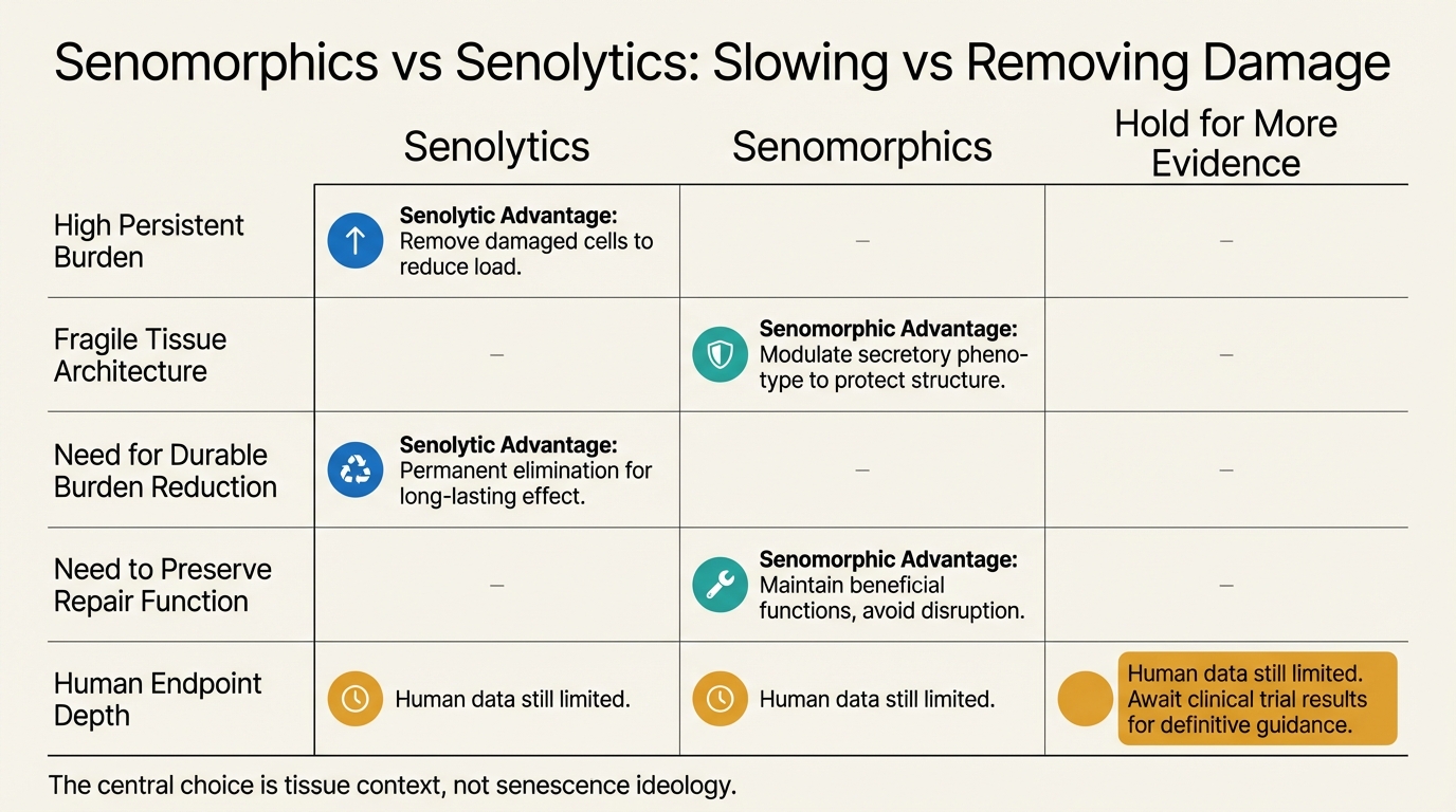 Decision map separating when senolytics fit best, when senomorphics fit best, and where the evidence remains too weak for either strategy.