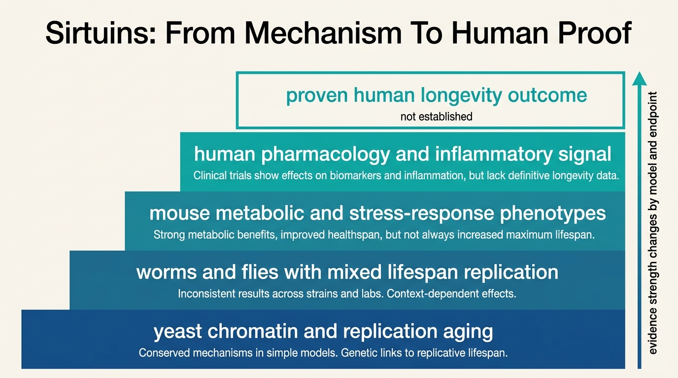 Sirtuins became central to longevity biology because the underlying enzymes are real. The unresolved question is how much of the early lifespan signal actually survives translation into humans.
