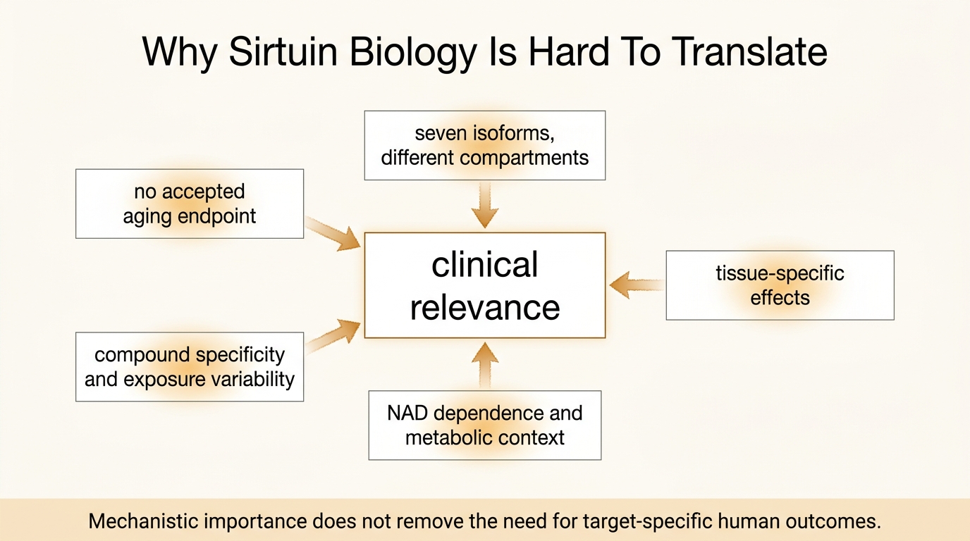 Systems diagram showing translation bottlenecks for sirtuins including isoform diversity, tissue specificity, NAD dependence, weak biomarker-endpoint links, and uneven clinical pharmacology.