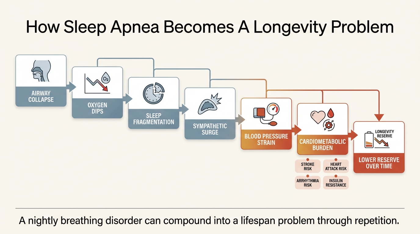 Editorial cascade showing how repeated airway collapse can translate into oxygen dips, sympathetic activation, blood pressure strain, and lower long-run resilience.