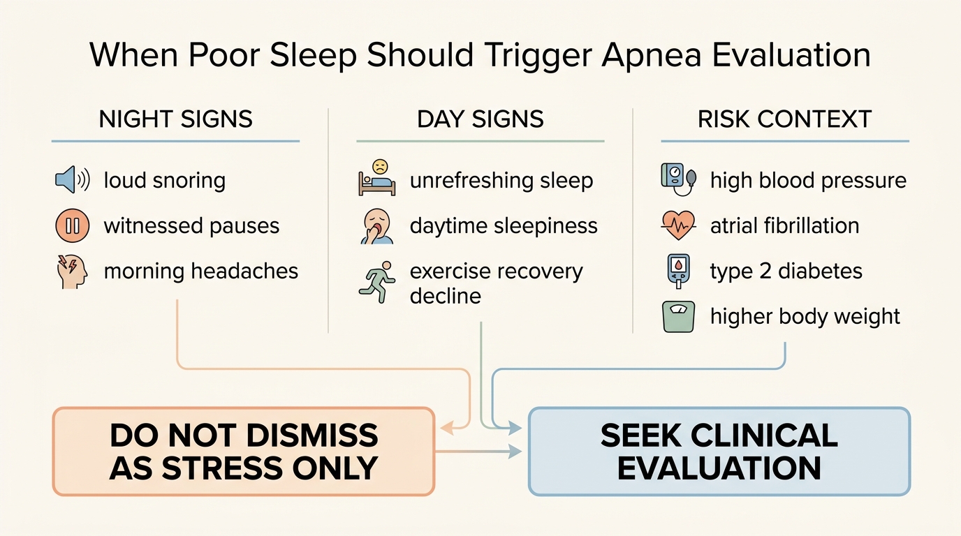 Editorial triage map showing symptom, risk-factor, and downstream-disease patterns that should push sleep complaints toward apnea evaluation instead of generic lifestyle advice.