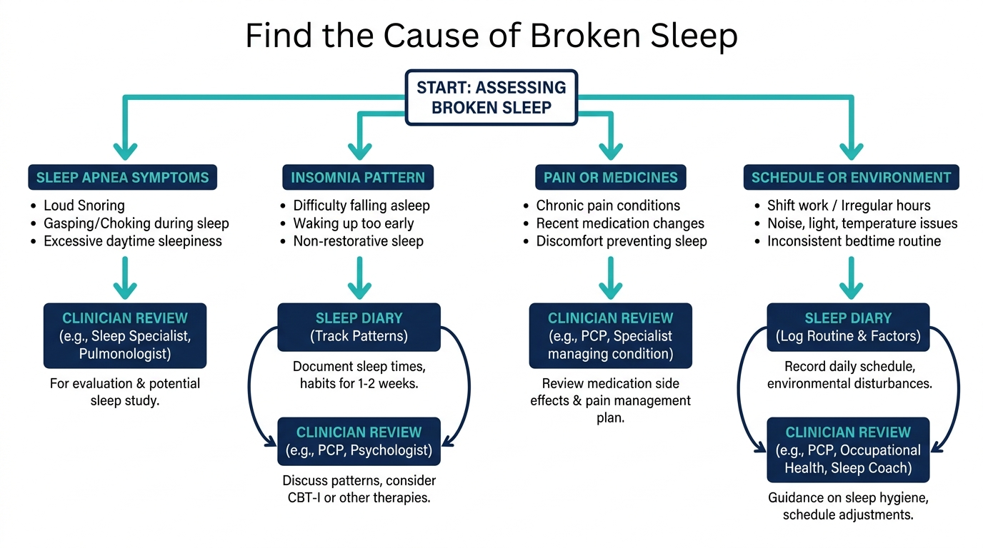 Decision map linking disrupted sleep to evaluation for apnea, insomnia, pain or medicines, and schedule or environmental causes