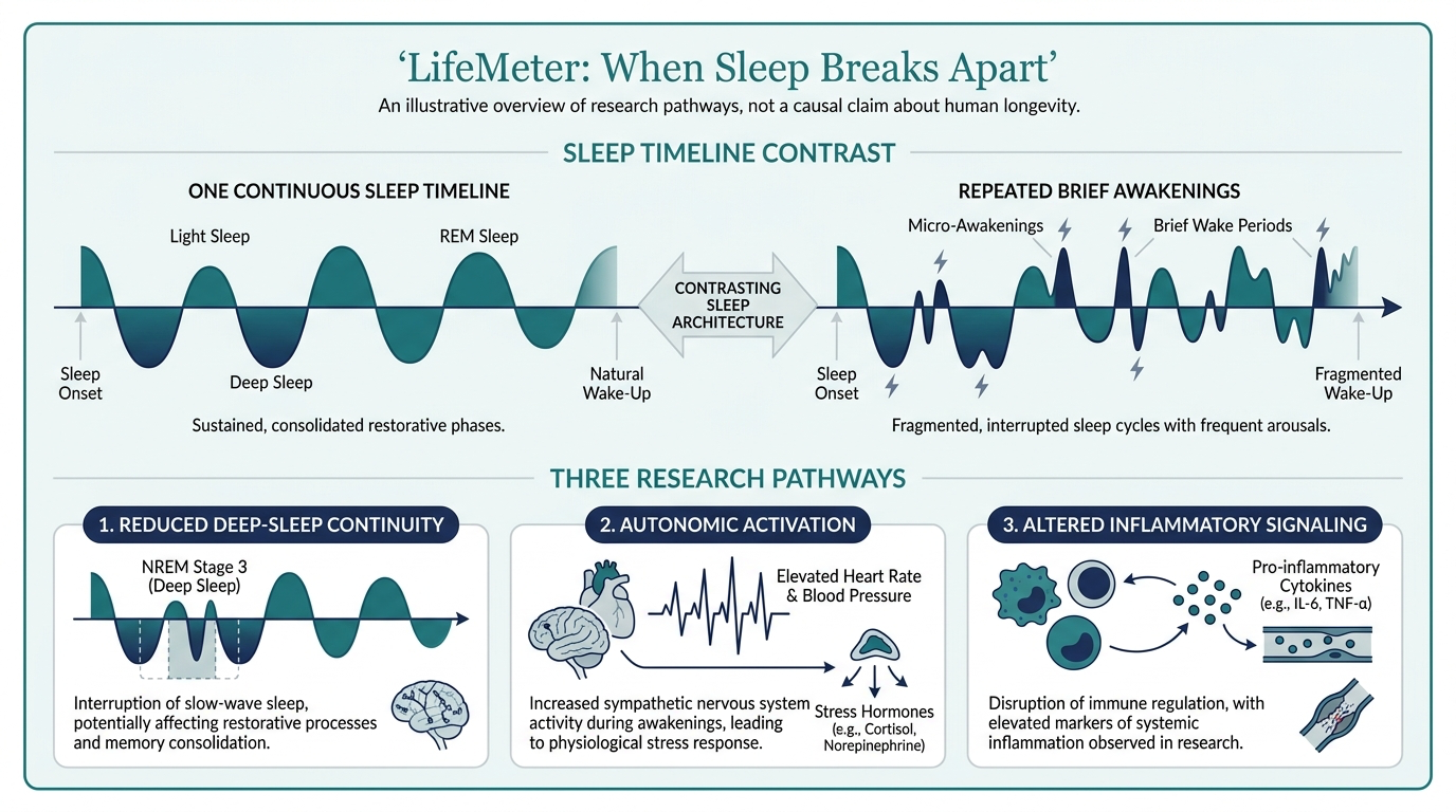 Sleep timeline comparing continuous sleep with repeated brief awakenings and research pathways