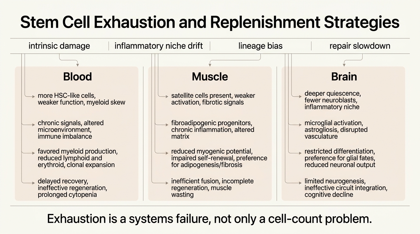 Systems map showing how intrinsic damage, inflammatory niche drift, and lineage bias drive stem-cell exhaustion across multiple tissues.