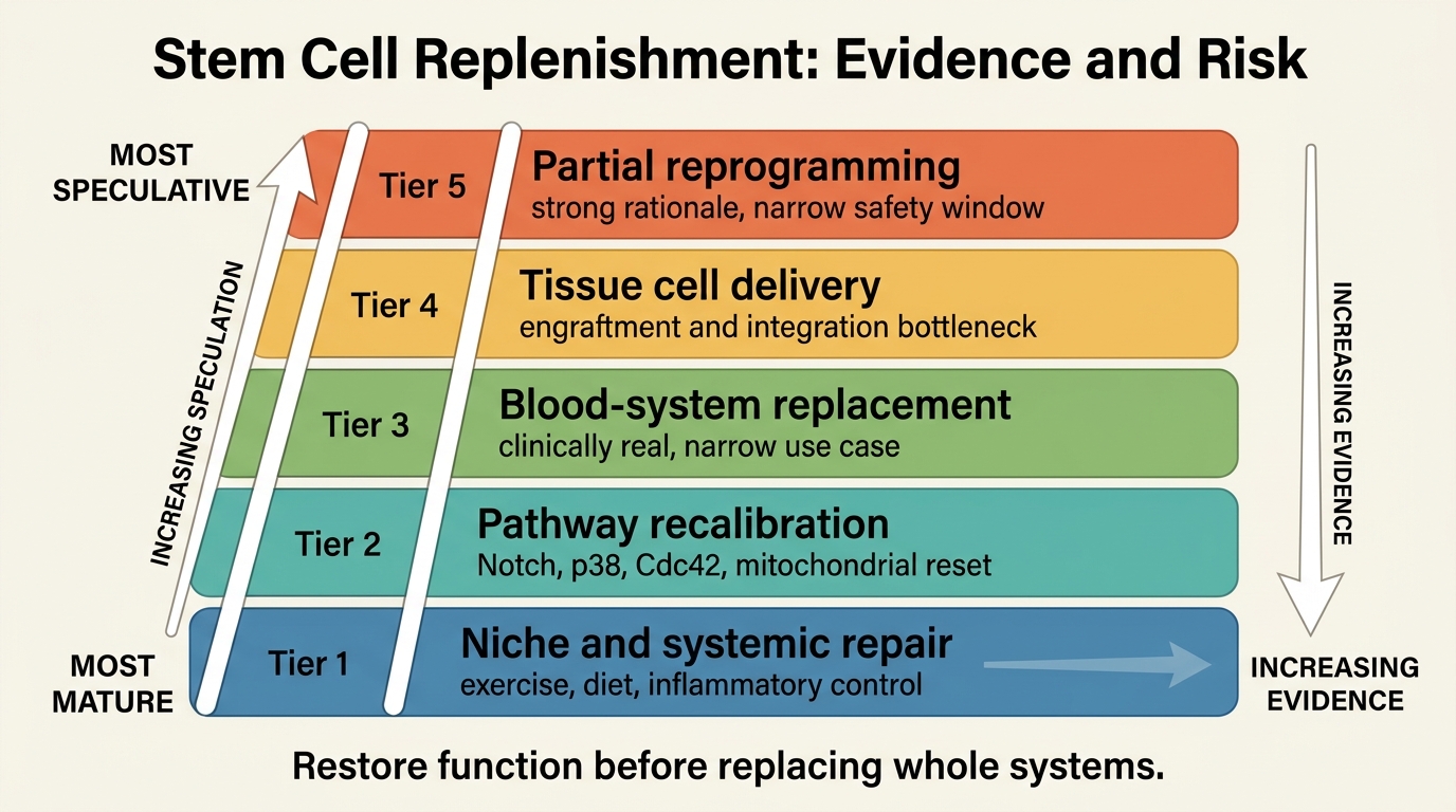 Evidence ladder ranking niche repair, pathway recalibration, blood-system replacement, and partial reprogramming by current maturity and translational risk.
