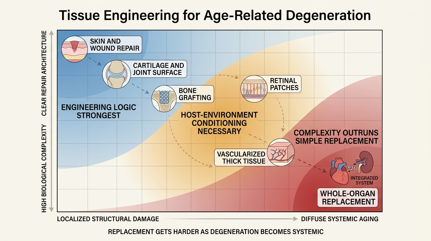 A 2026 LifeMeter analysis of where tissue engineering can genuinely repair age-related degeneration and where host biology remains the limiting factor.