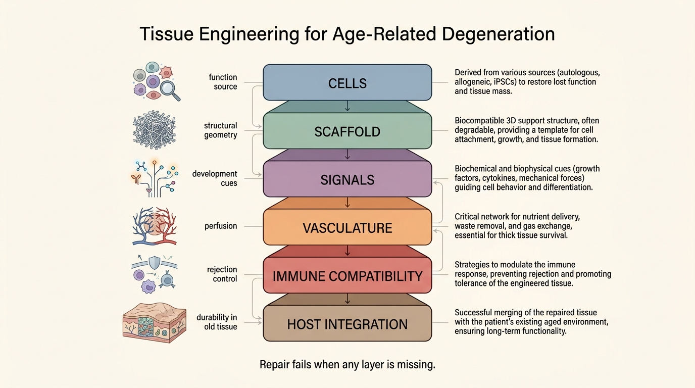 Editorial stack showing cells, scaffold, signals, vasculature, immune tolerance, and host integration as the layered requirements for durable tissue repair.