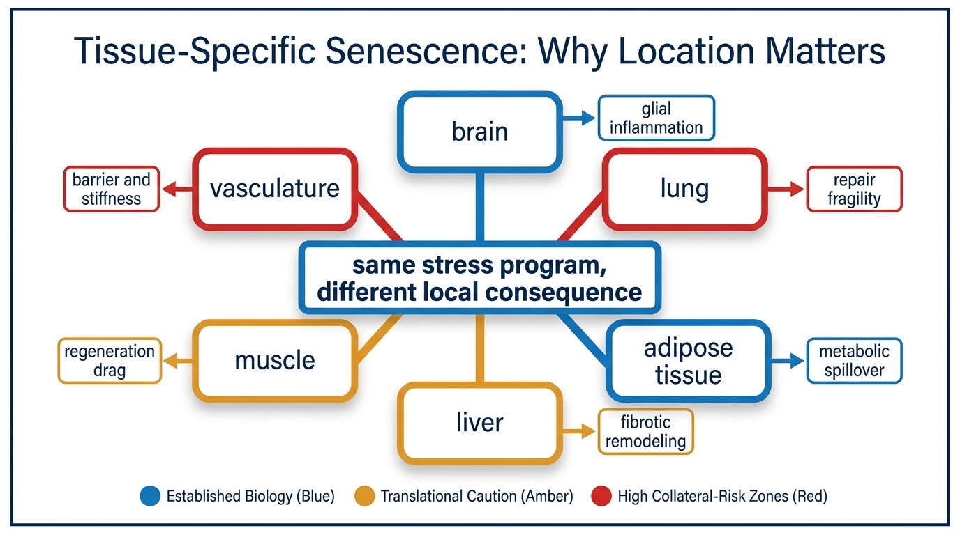 A LifeMeter analysis of why senescence is not one uniform burden, how tissue location changes biological meaning, and why intervention logic has to follow local context rather than a generic clearance story.