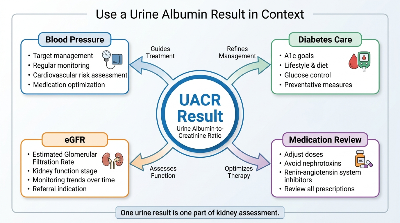 Clinical diagram connecting urine albumin testing with blood pressure diabetes and kidney follow-up