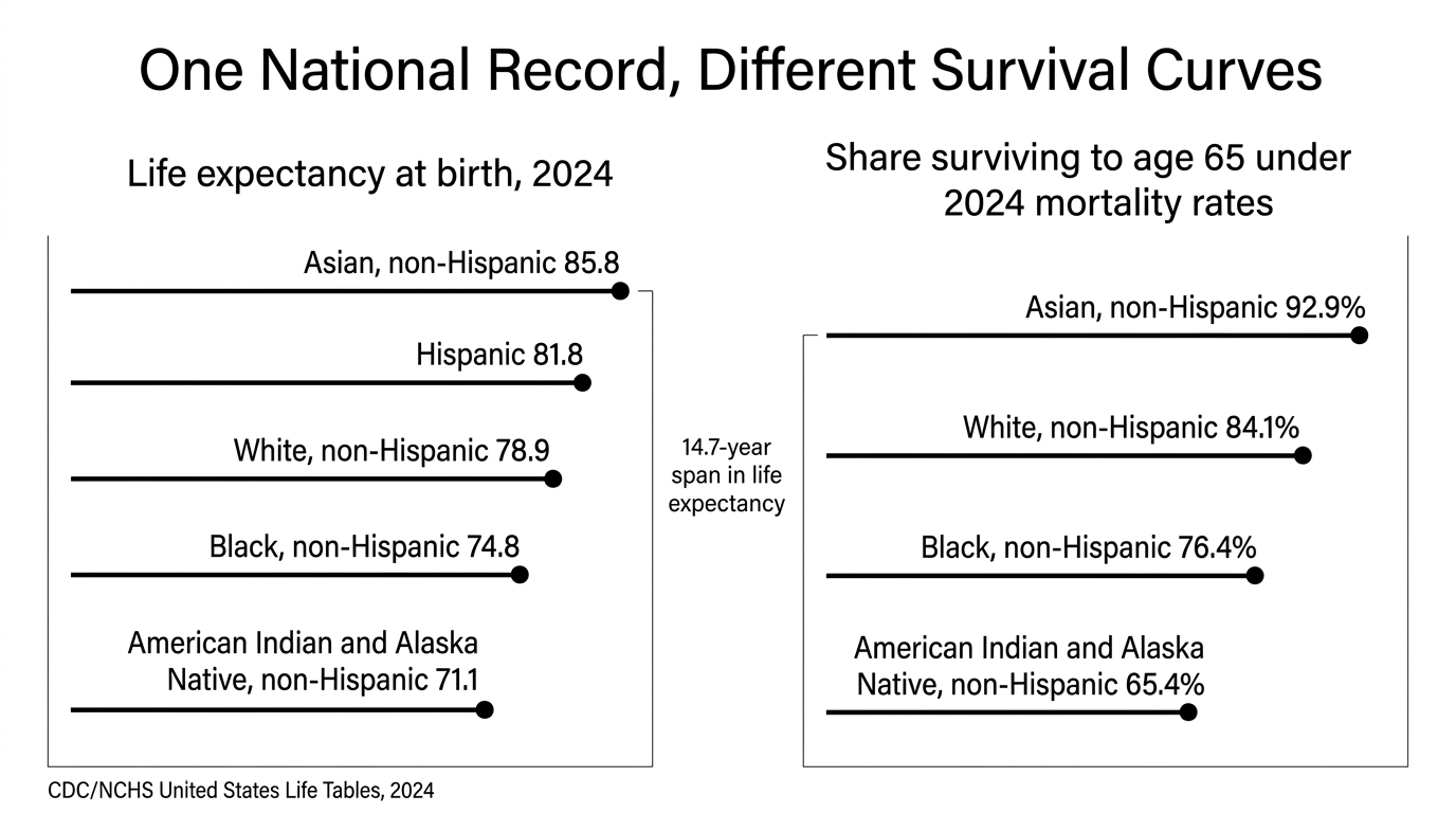 Comparison of life expectancy and survival to age 65 across major racial and ethnic populations in the 2024 U.S. life tables.
