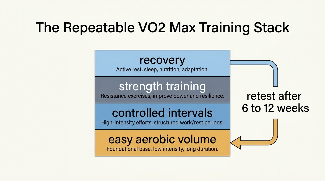 Training framework showing aerobic base, interval work, strength, recovery and reassessment