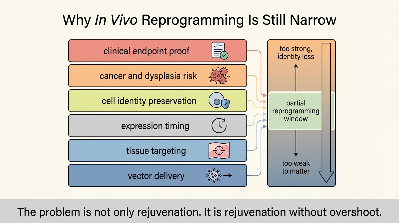 Constraint stack showing delivery, tissue targeting, induction timing, lineage preservation, surveillance burden, and endpoint discipline as separate barriers to translation.