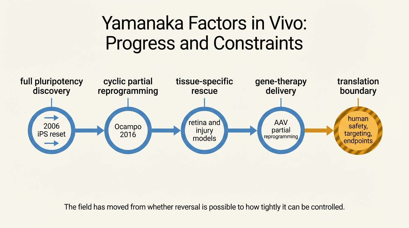 Editorial reset-window map showing safe partial reprogramming between insufficient effect on one side and identity drift or oncogenic risk on the other.